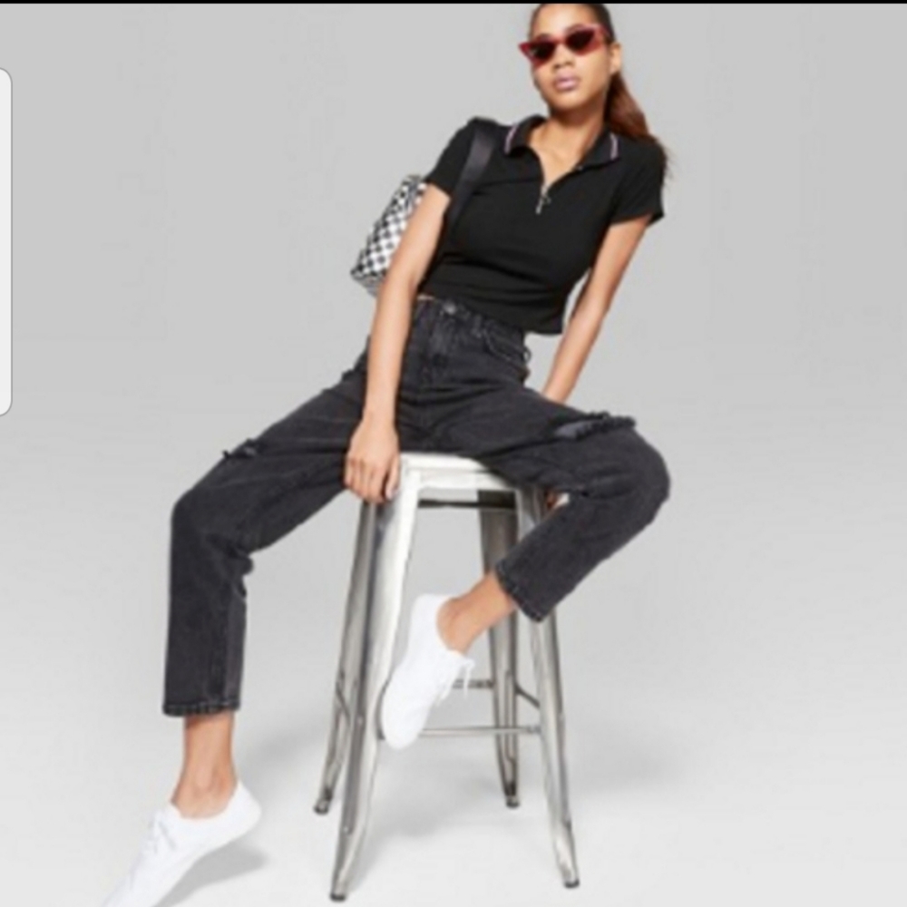 Womens Black Distressed Mom Jeans